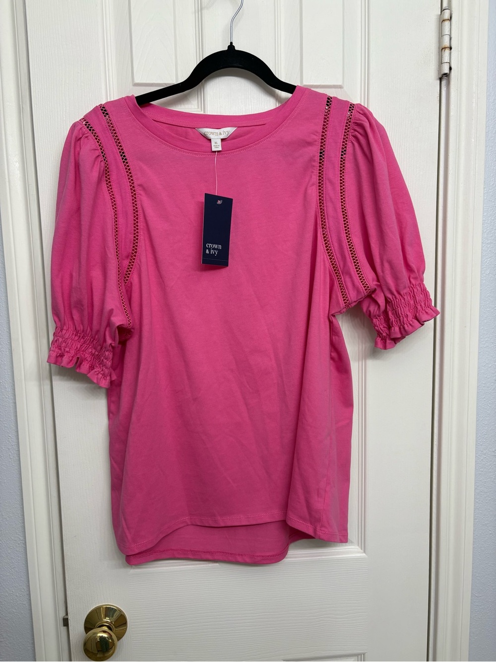 crown & ivy Hot Pink Puff Sleeve Tee with Lace Trim